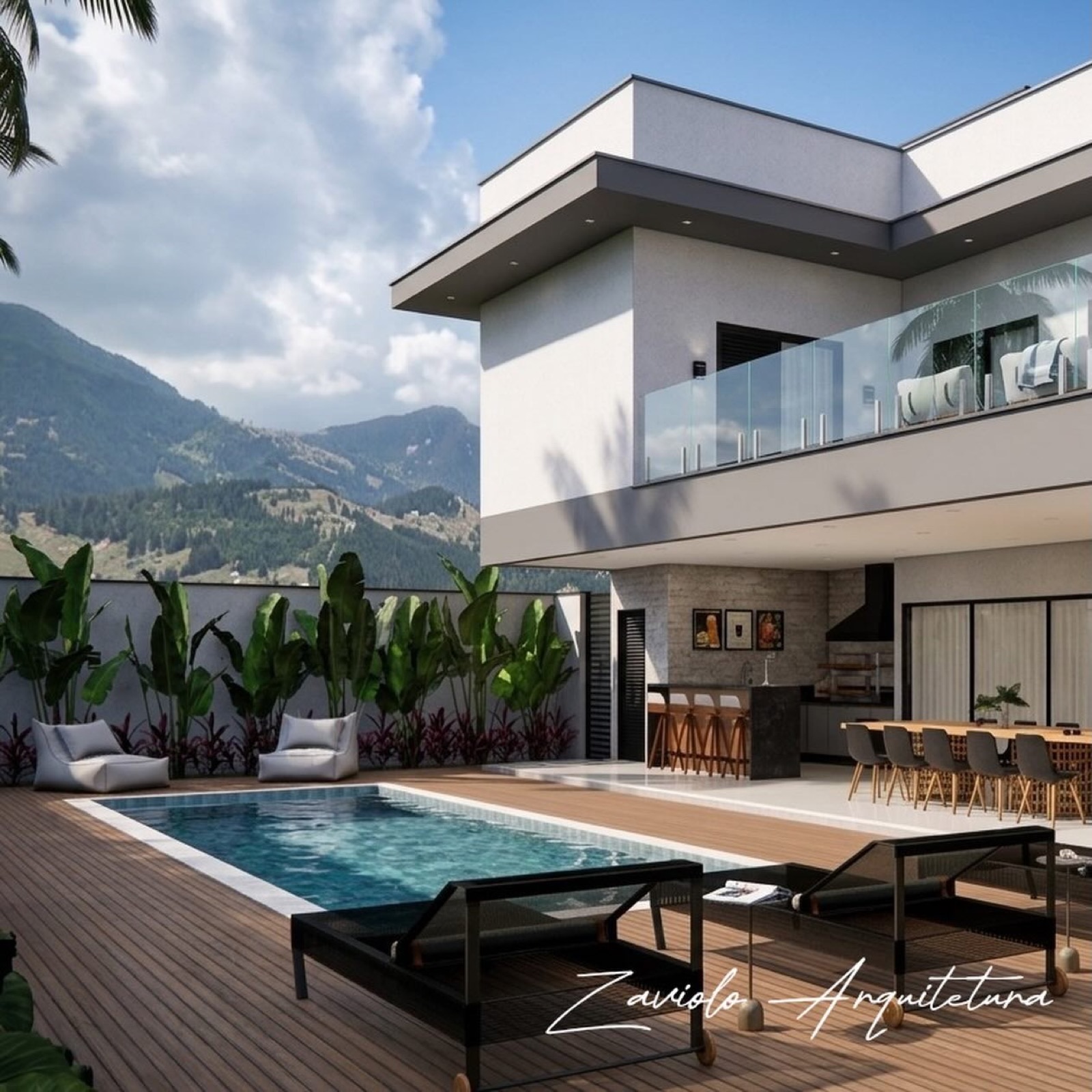 Casa contemporânea com piscina, deck de madeira e vista para a serra