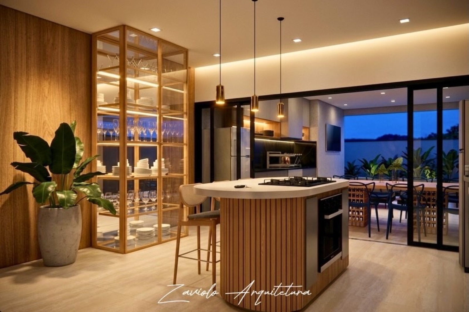 Cozinha gourmet integrada com ilha, adega de vidro e iluminação de destaque