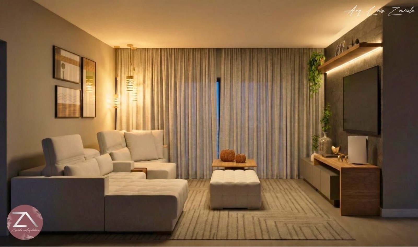 Living aconchegante com painel de marcenaria, iluminação quente e estar amplo