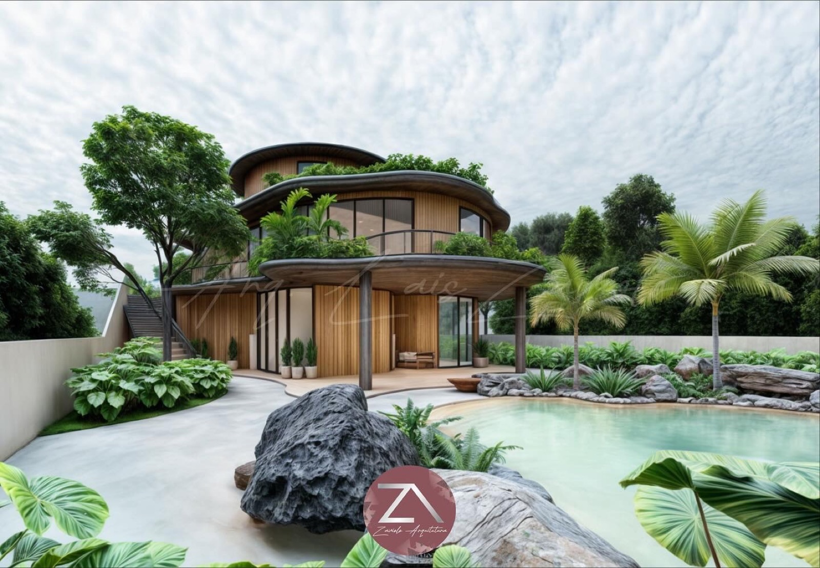 Render de residência autoral com formas orgânicas, muito verde e piscina natural